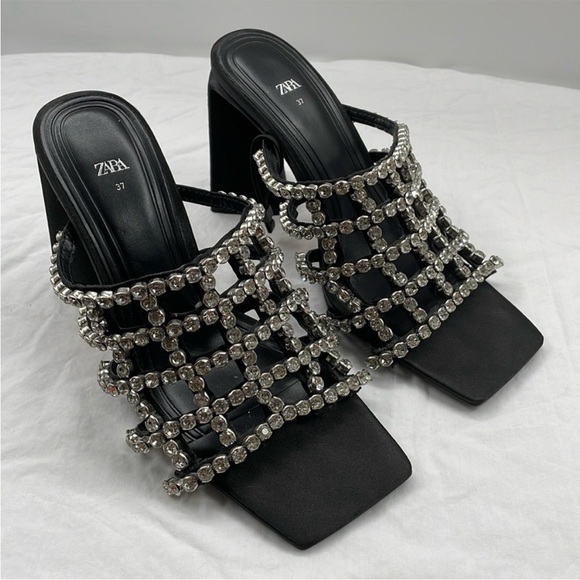NEW! Zara Boho Black Heeled Mules With Rhinestones. EU37. - Picture 3 of 12